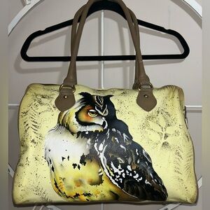 NWOT Sukriti Kolkata Hand Painted Great Horned Owl 100% Genuine Leather Handbag